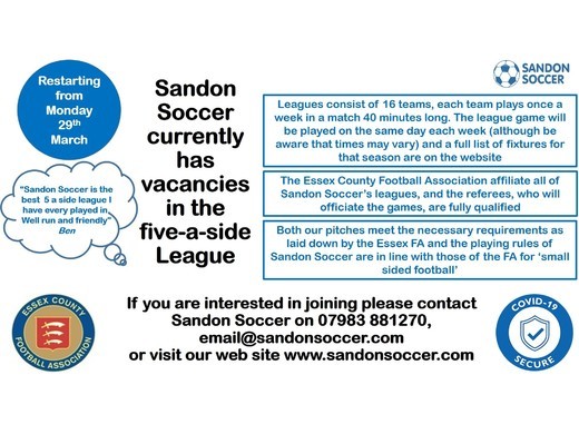Sandon Soccer currently has vacancies in the five-a-side League