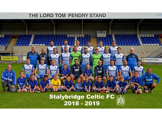 Stalybridge Celtic Colts Blues pictured with Stalybridge Celtics 1st team.